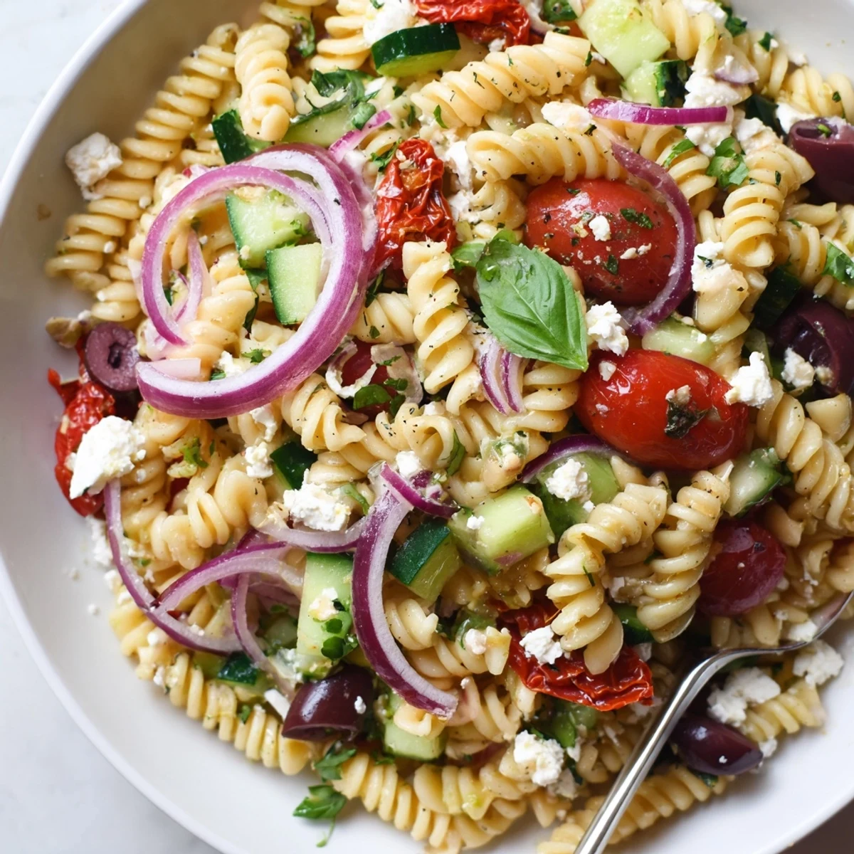 Sun Dried Tomato Pasta Salad with tangy feta, fresh basil, and chilled vinaigrette