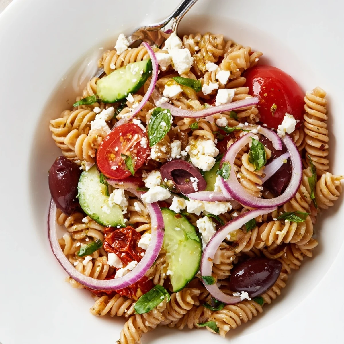 Picnic-ready Sun Dried Tomato Pasta Salad—chewy fusilli, juicy cherry tomatoes, bright lemony zing