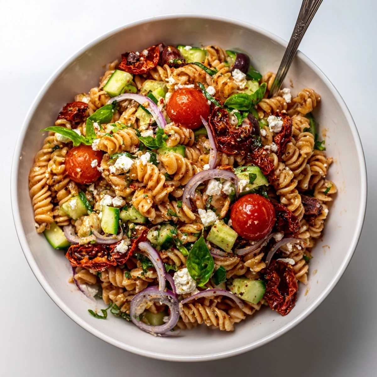Tossed with olive oil and herbs, this Sun Dried Tomato Pasta Salad shines