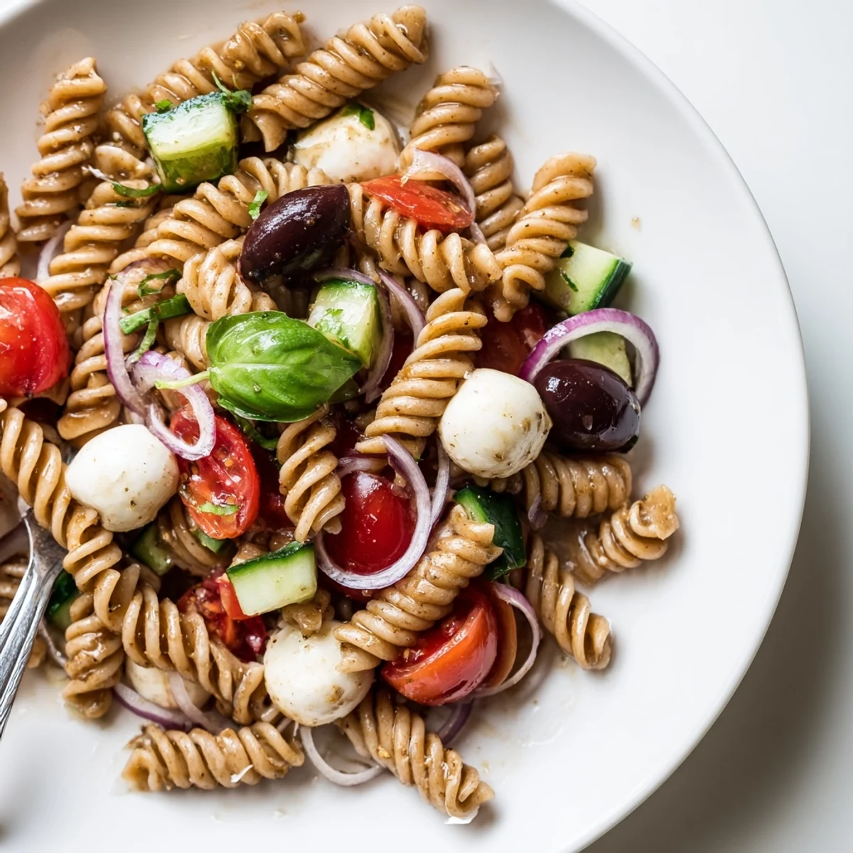 Chilled Italian Pasta Salad tossed in zesty vinaigrette, fragrant basil flecks