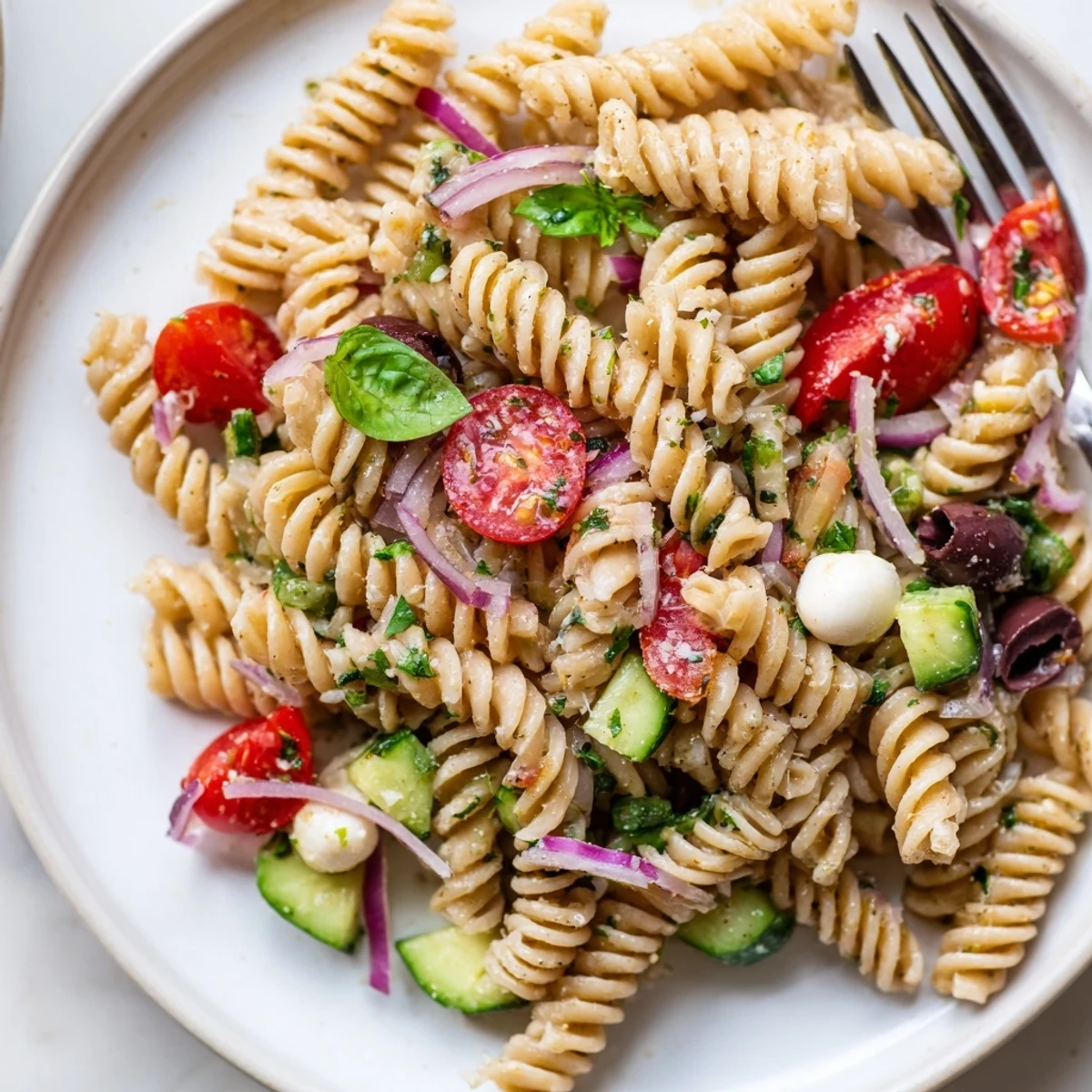 Italian Pasta Salad with colorful veggies, juicy tomatoes, and glossy mozzarella