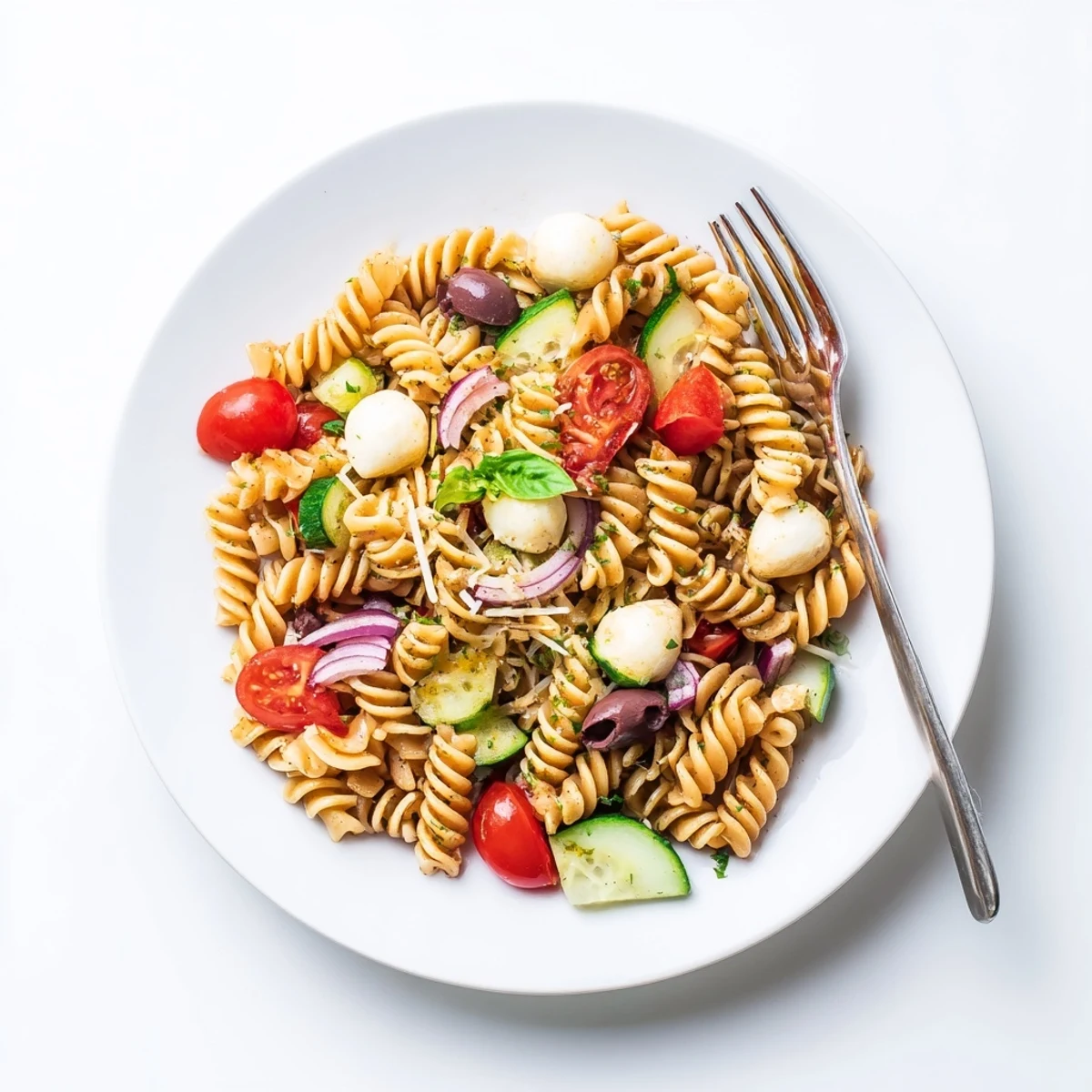 Picnic ready Italian Pasta Salad piled on plate, crisp cucumbers and olives