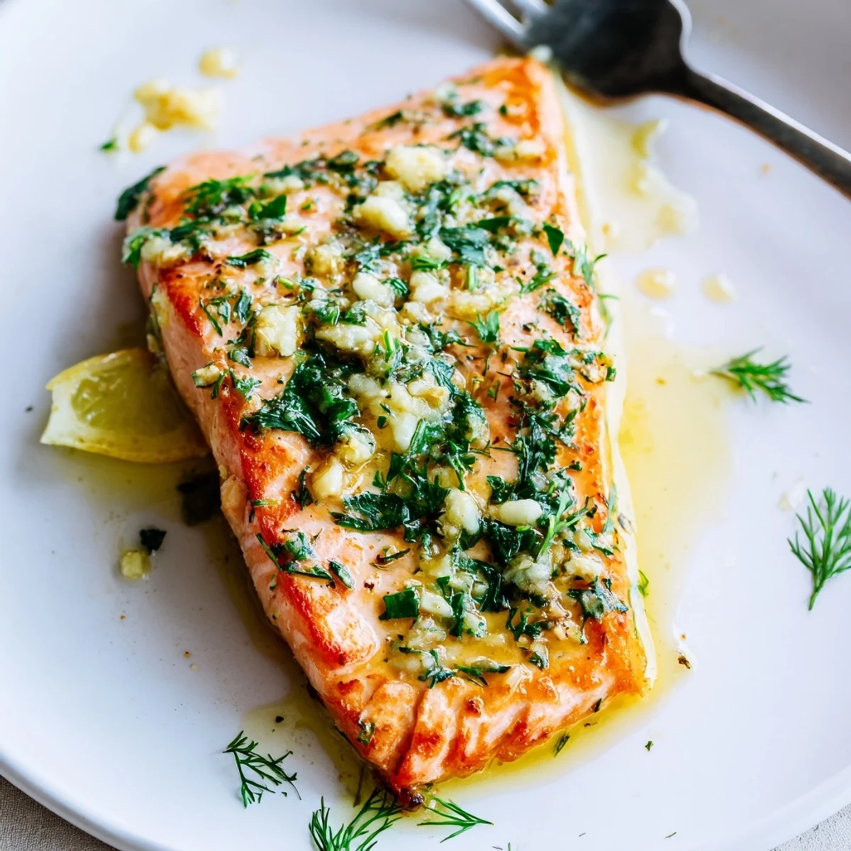 Garlic Butter Ghee Salmon Bake glistening with herb butter, lemon wedges nearby