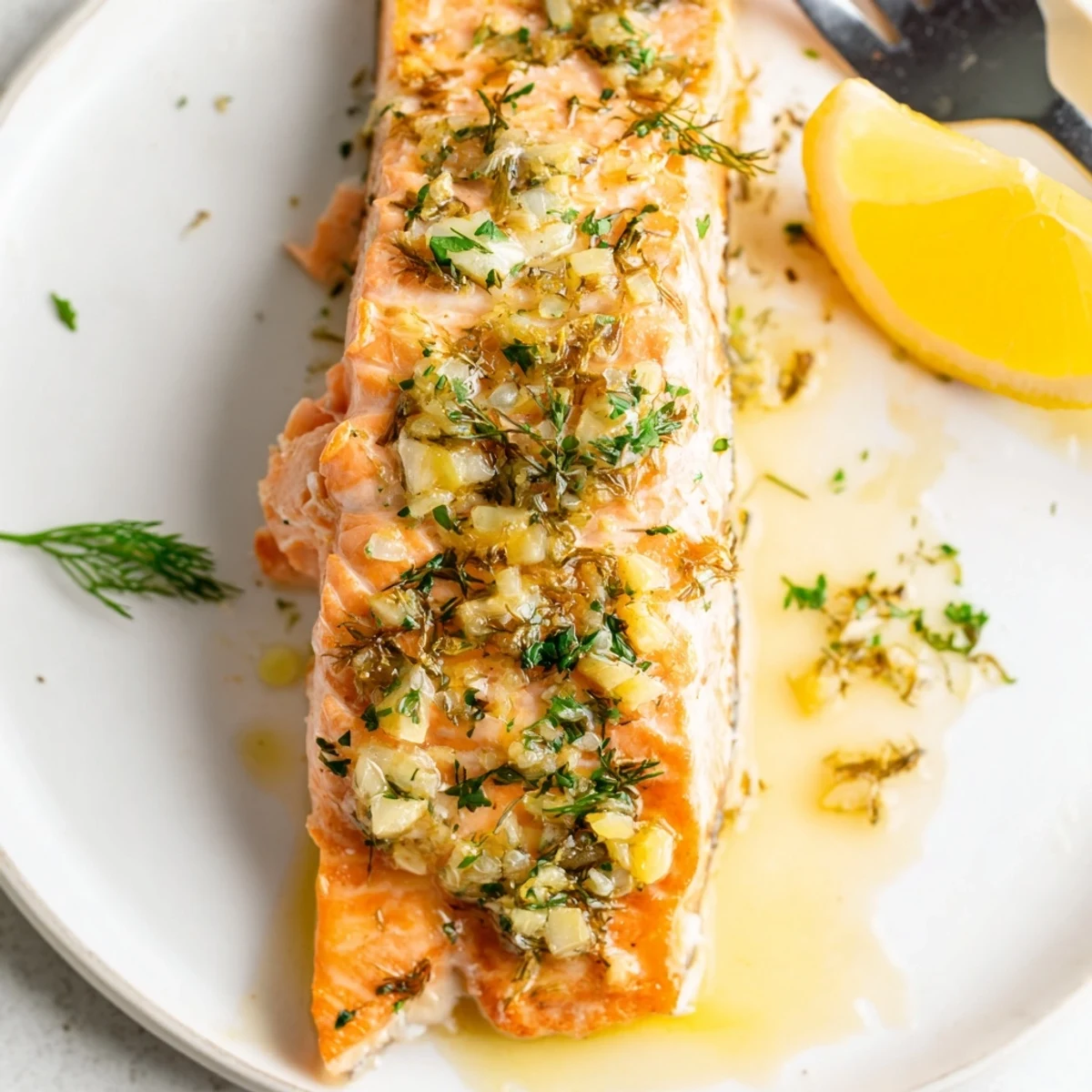 Plated Garlic Butter Ghee Salmon Bake topped with bright parsley and lemon