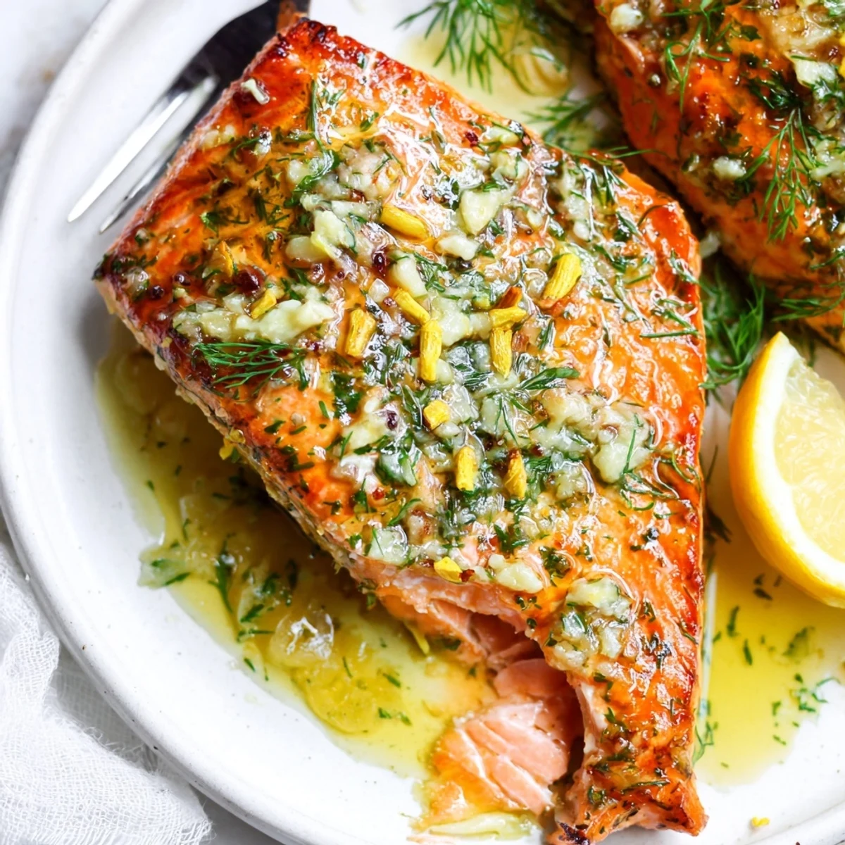 Weeknight Garlic Butter Ghee Salmon Bake steaming on parchment, flaky fillets