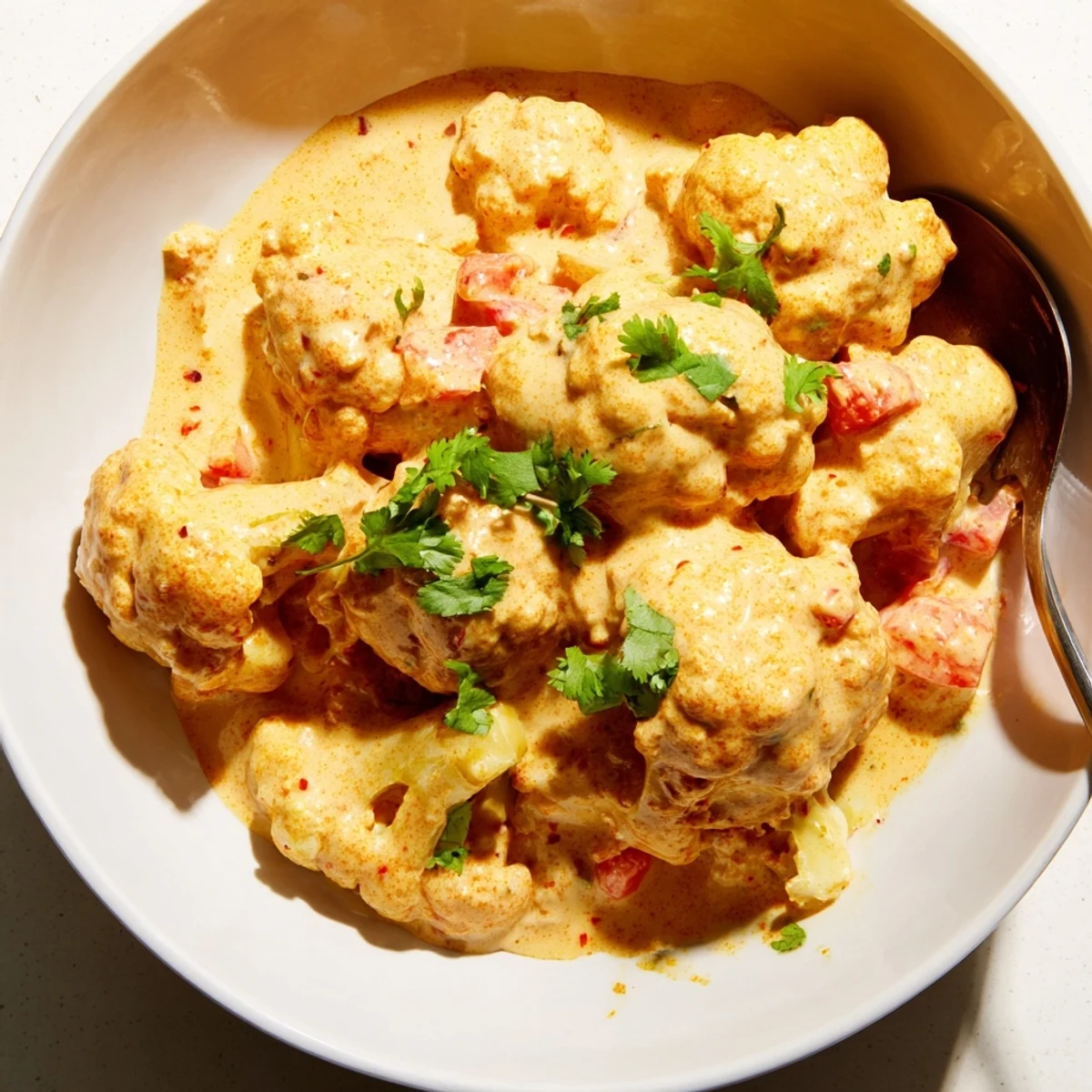 Creamy Greek yogurt cauliflower curry in a golden turmeric-spiced sauce with fresh cilantro garnish