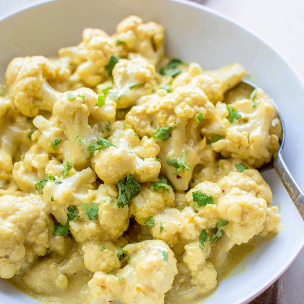 Tender cauliflower florets coated in a velvety Greek yogurt curry served over fluffy basmati rice