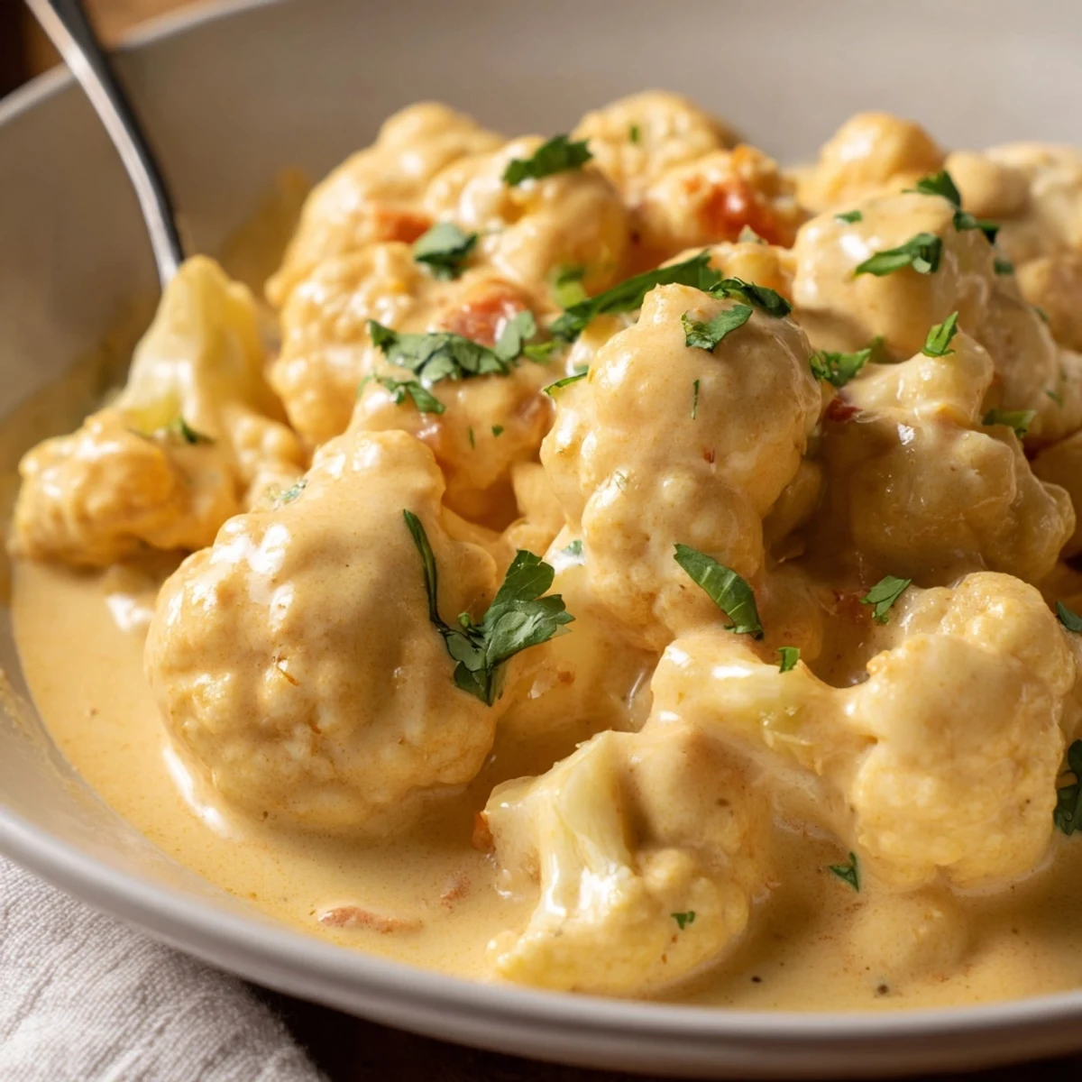 Steaming bowl of Greek yogurt cauliflower curry topped with chopped cilantro and warm spices