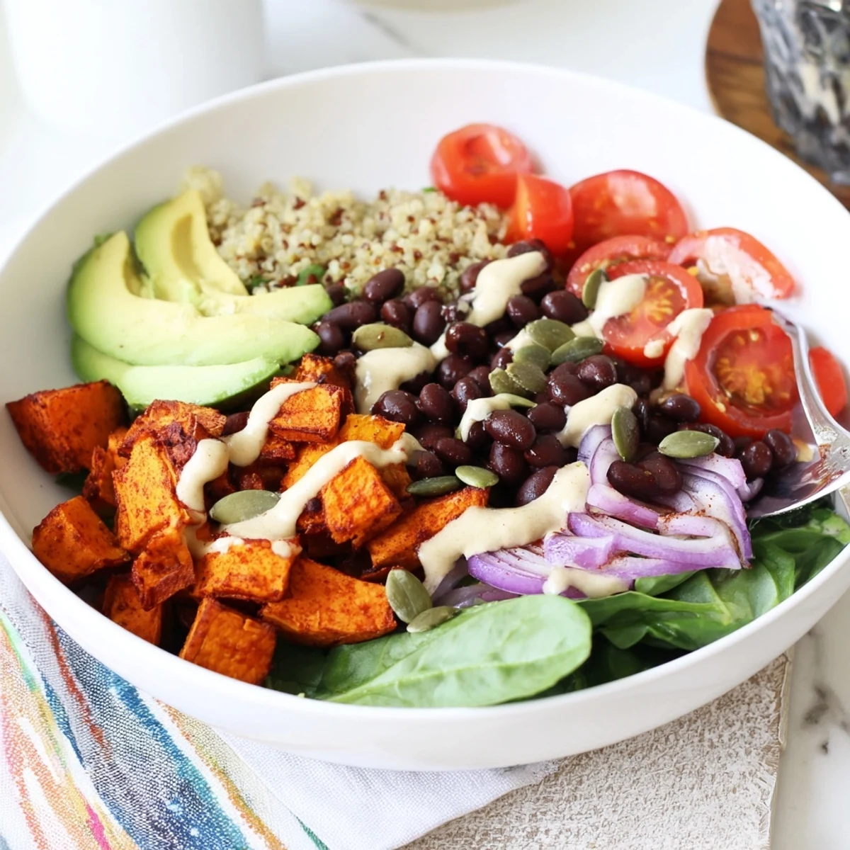 A colorful sweet potato bowl with creamy avocado and tahini dressing drizzled on top