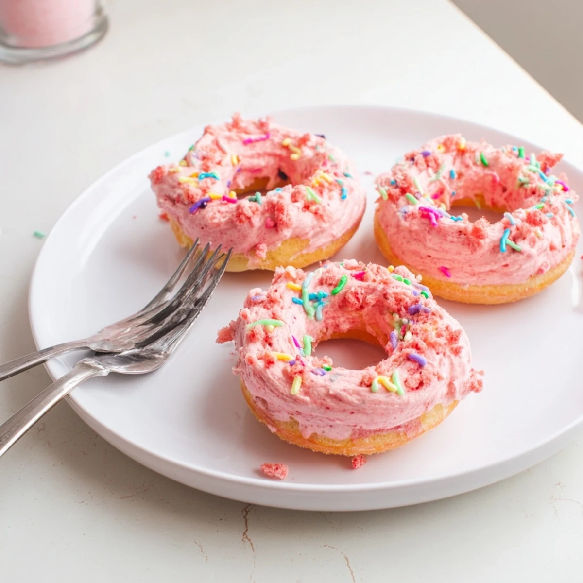 Pink strawberry buttercream frosted donuts topped with sprinkles on a white plate