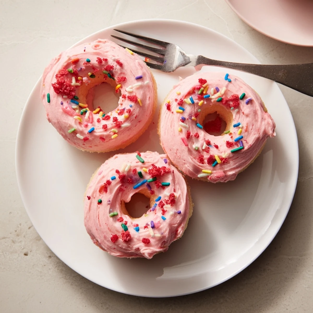 A dozen fluffy strawberry buttercream frosted donuts arranged on a rustic cooling rack