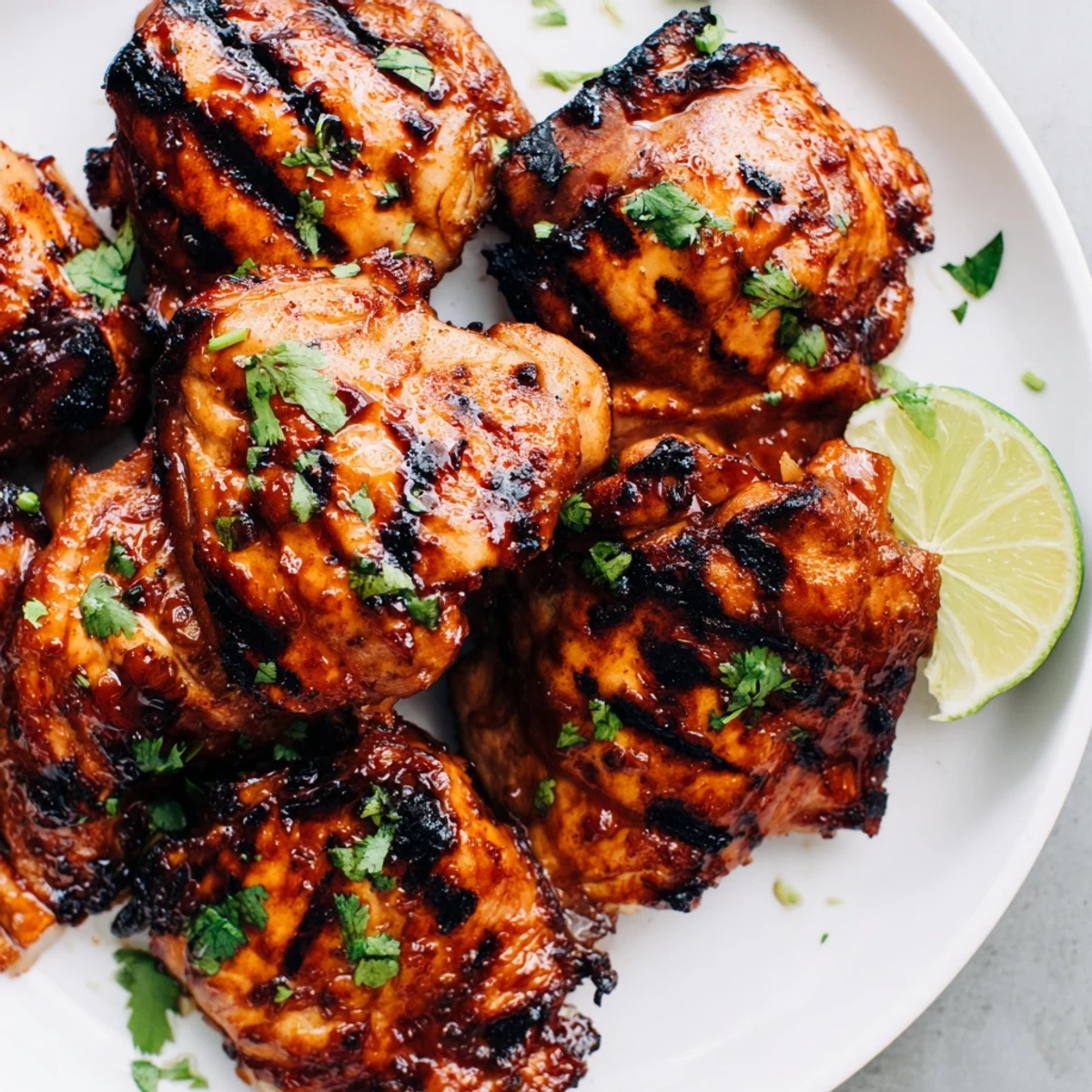 Sweet n Spicy Grilled Chicken Thighs with caramelized edges on a smoky grill