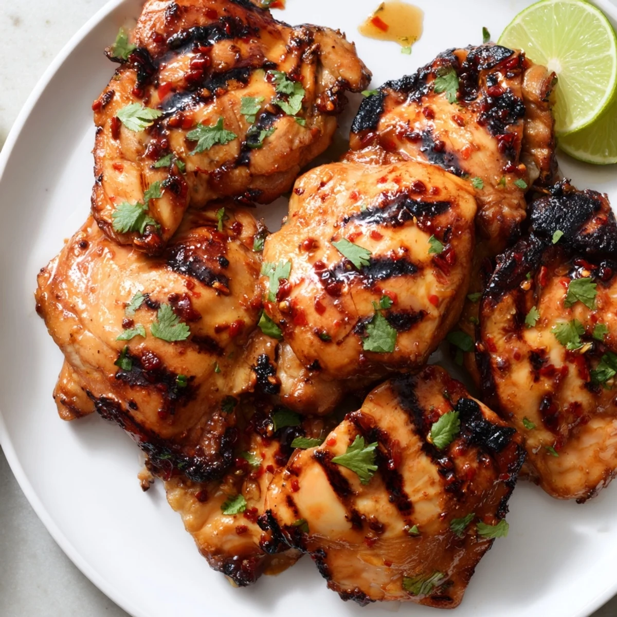 Juicy Sweet n Spicy Grilled Chicken Thighs garnished with fresh cilantro and lime wedges
