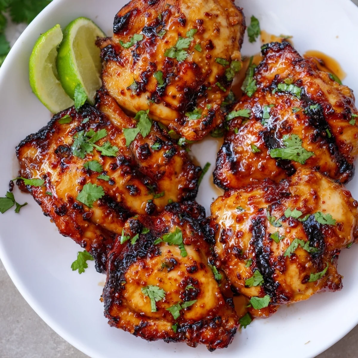 Charred Sweet n Spicy Grilled Chicken Thighs resting on a rustic serving platter