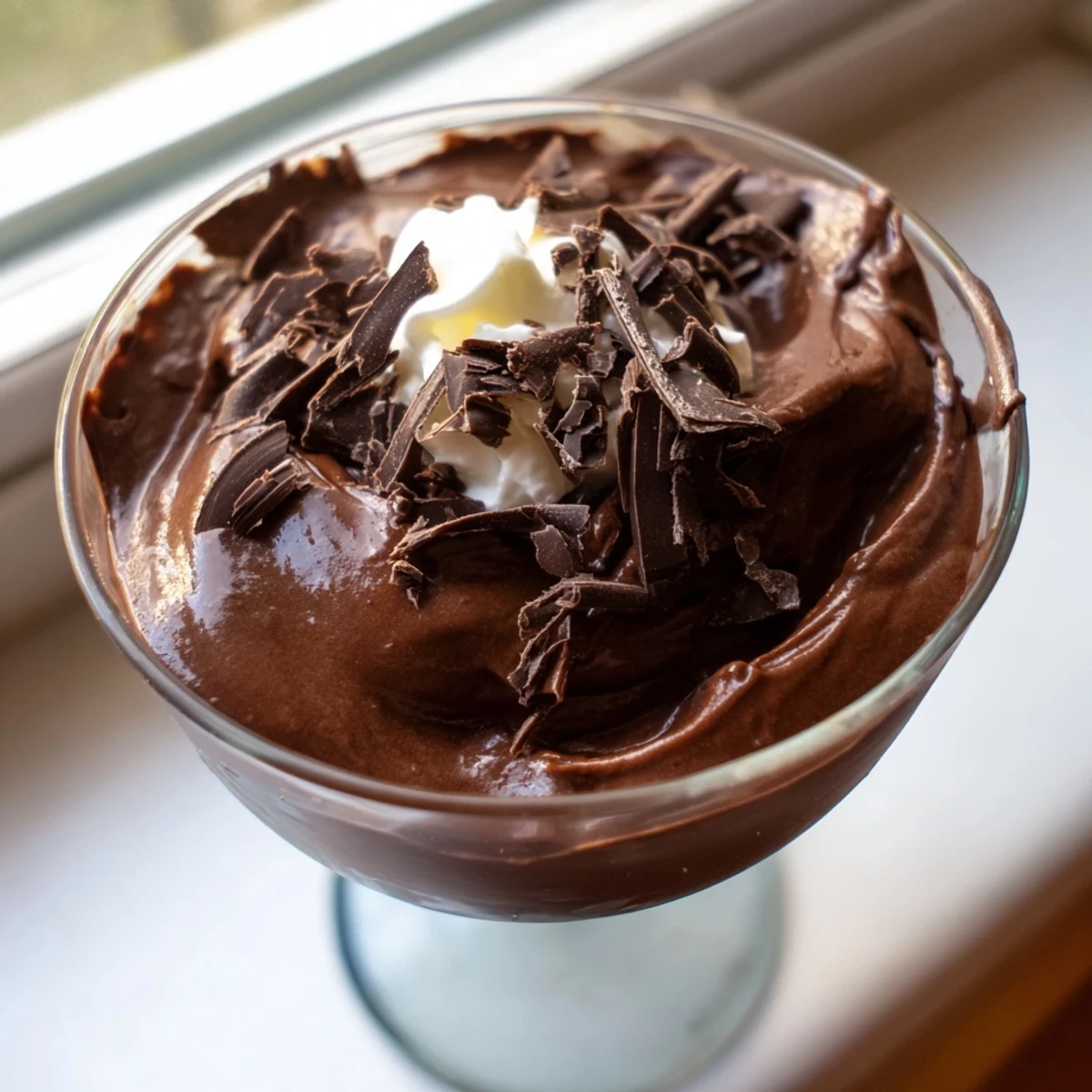 Velvety chocolate mousse topped with whipped cream in elegant glass cups