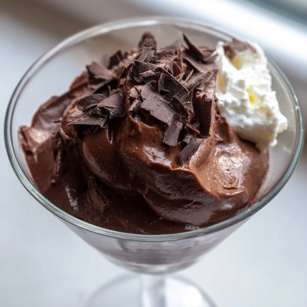 Silky chocolate mousse served in dessert glasses with delicate chocolate shavings