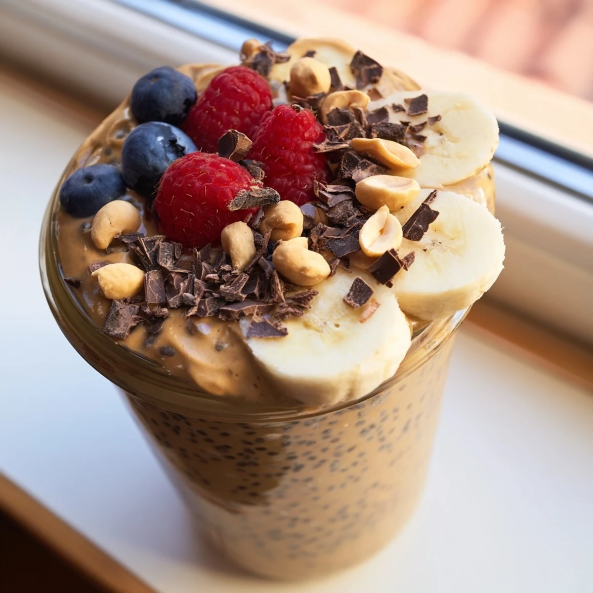Creamy peanut butter chia pudding topped with sliced banana and fresh berries
