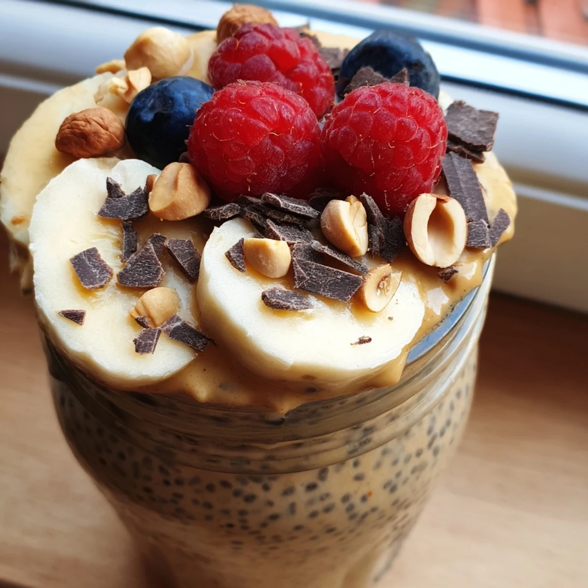 Thick peanut butter chia pudding in glass jars drizzled with maple syrup