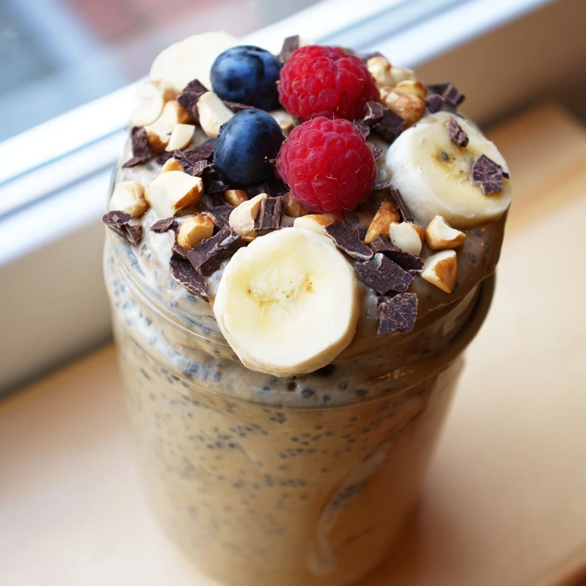 Velvety peanut butter chia pudding crowned with chopped peanuts and dark chocolate shavings