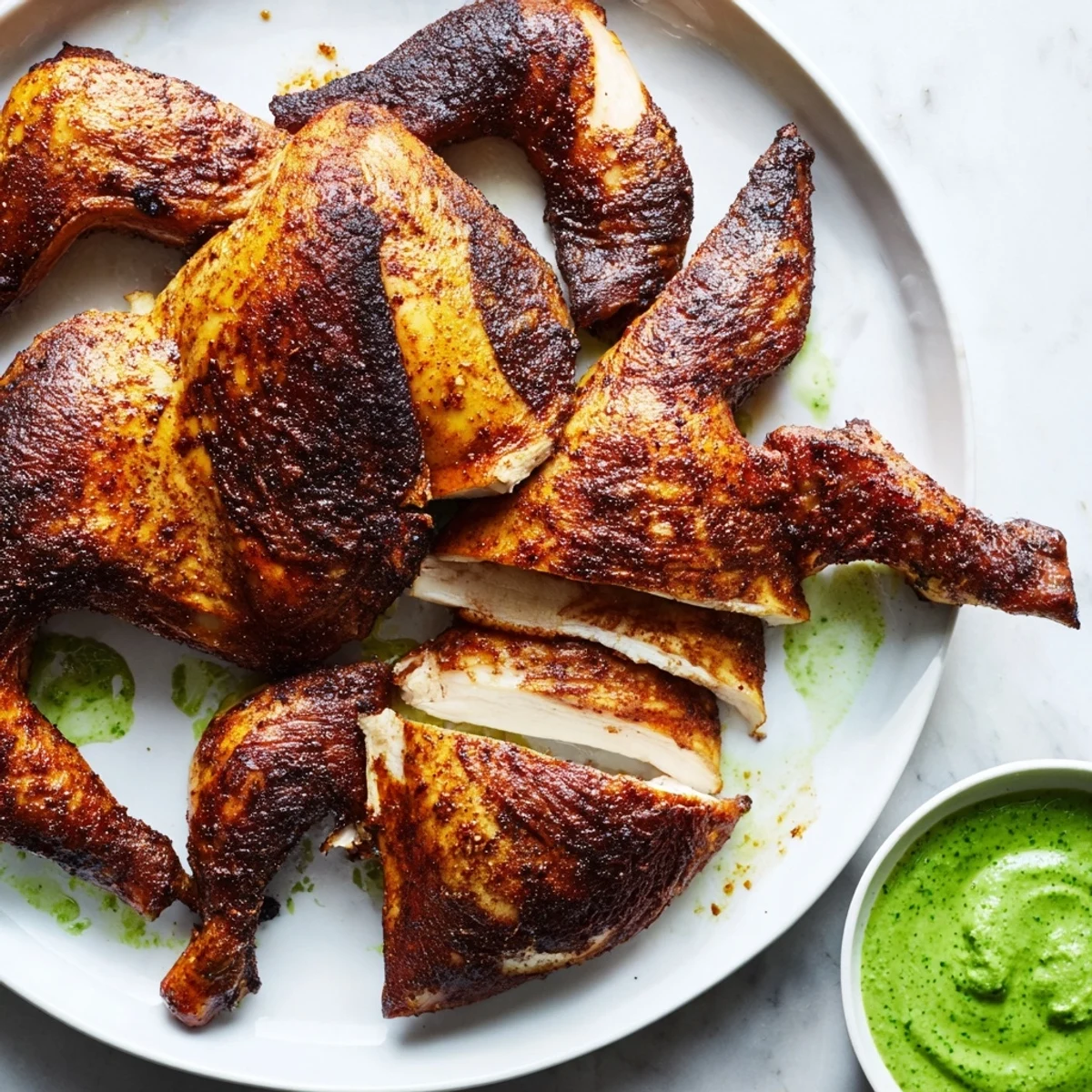 Juicy Peruvian Chicken Delight sliced on a platter with vibrant green aji sauce