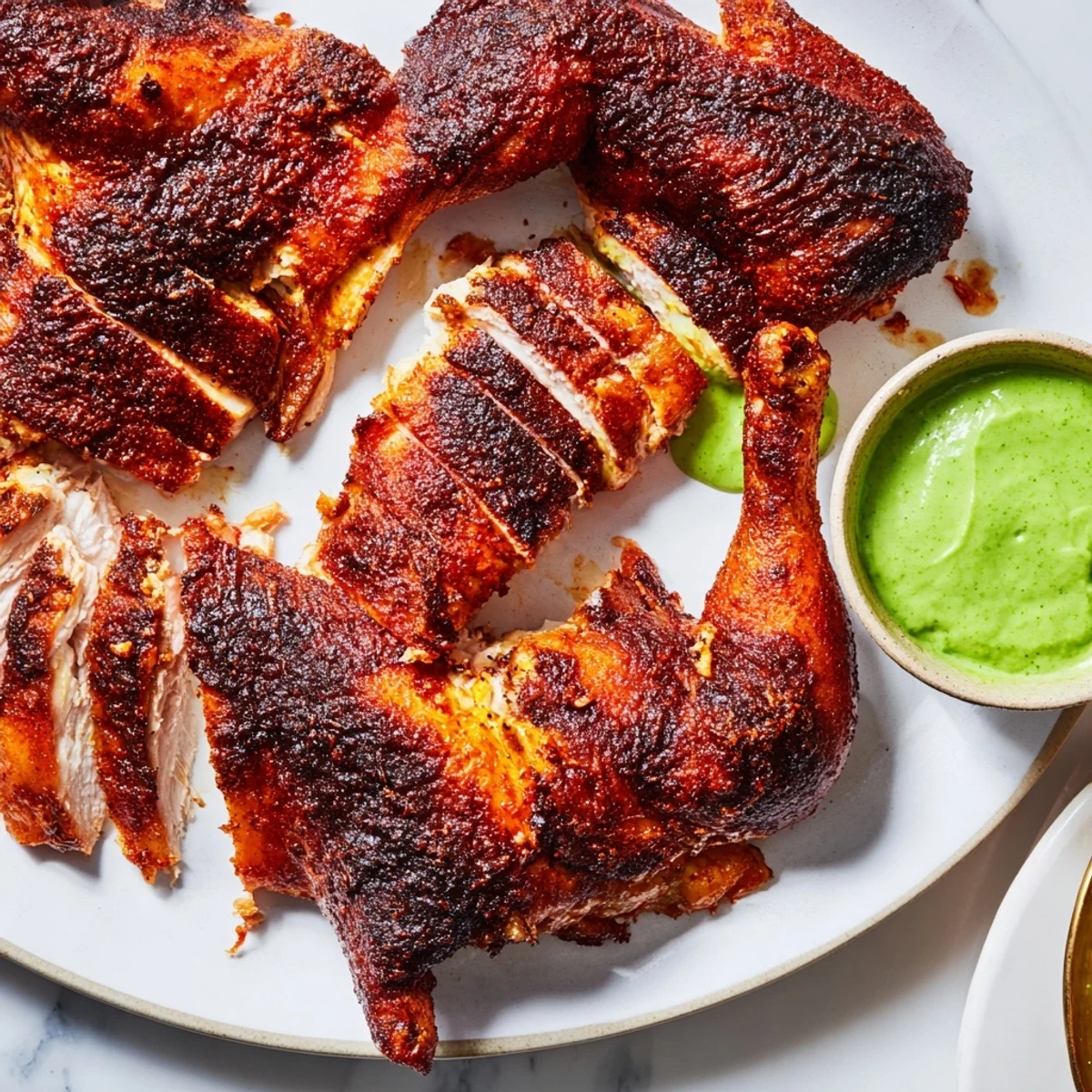 Tender Peruvian Chicken Delight fresh from the oven served alongside creamy cilantro dipping sauce
