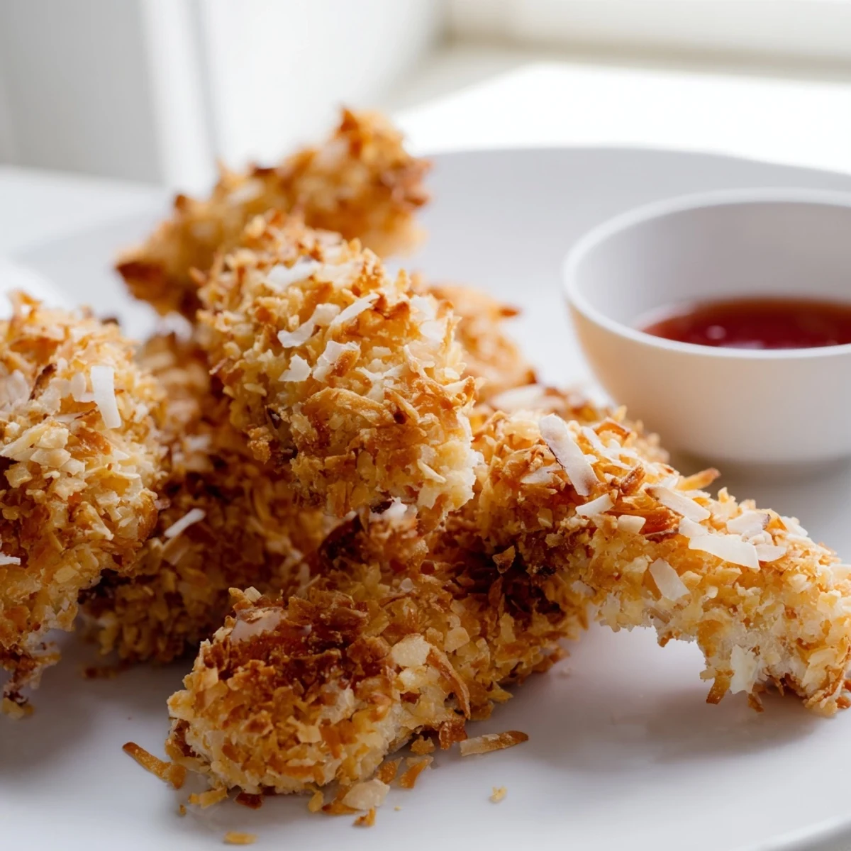 Golden crunchy coconut chicken strips served with sweet chili dipping sauce on a rustic plate