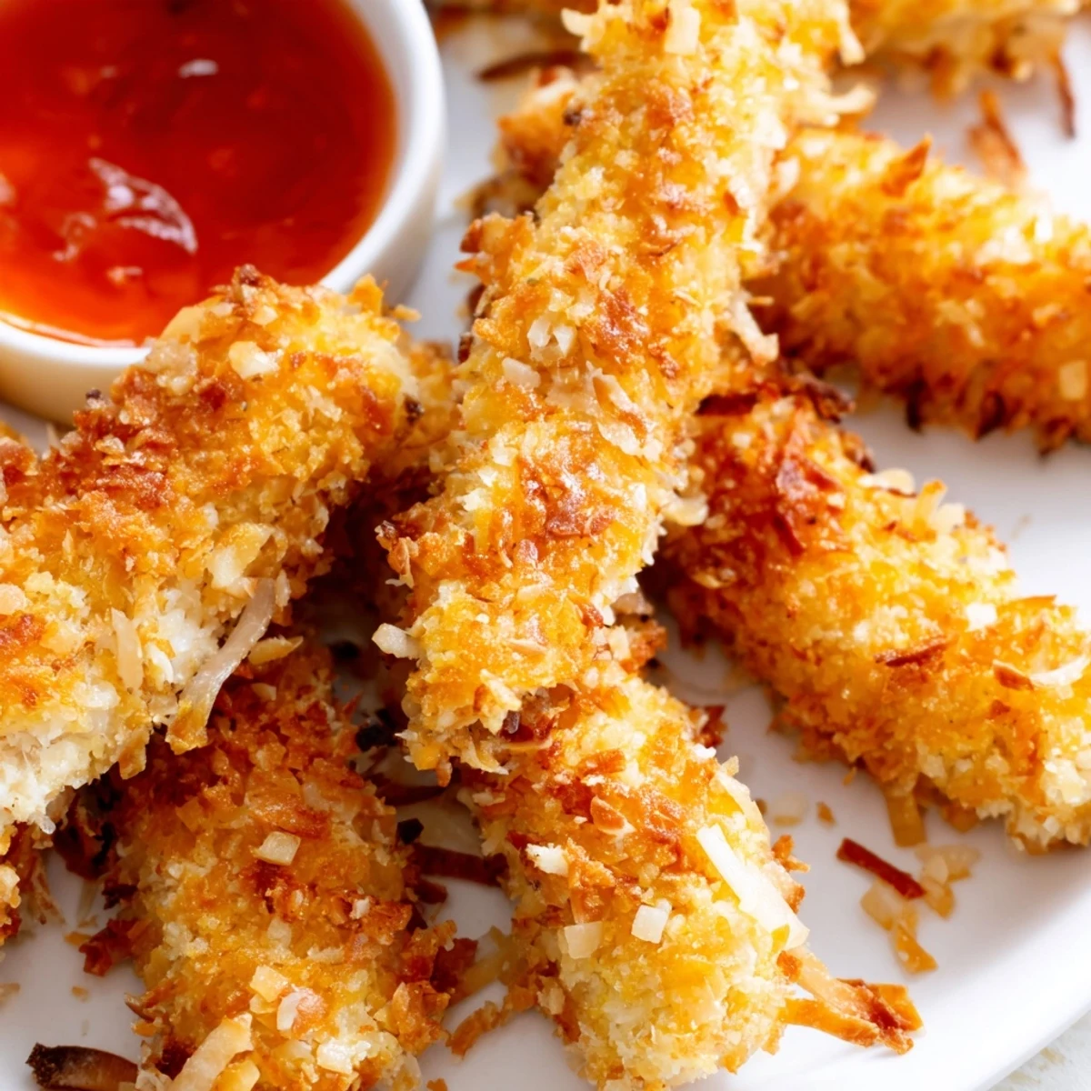 Crispy coconut chicken tenders fresh from the oven with a perfectly golden coconut crust