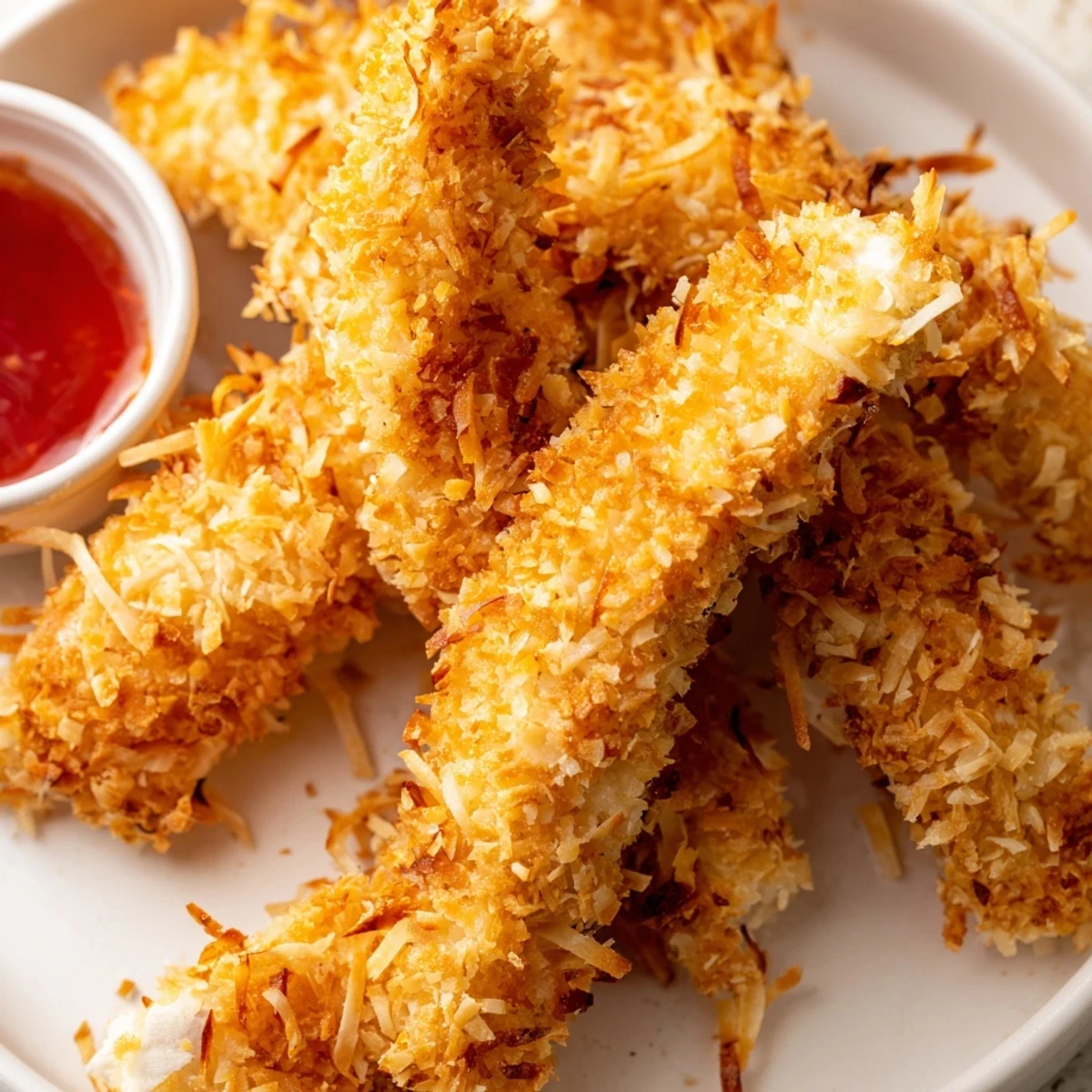 Crunchy coconut chicken strips arranged on a platter alongside mango chutney for dipping