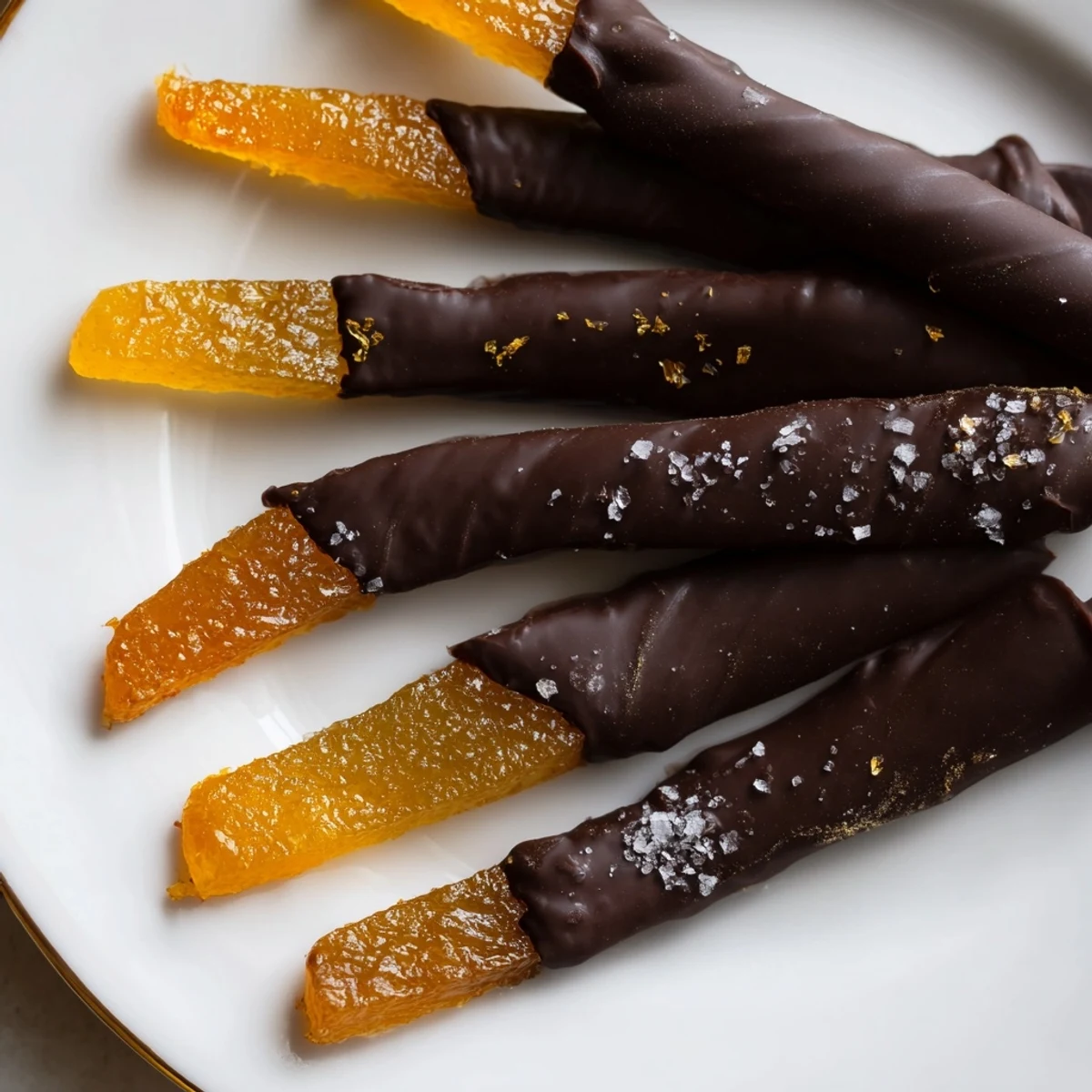 Glossy chocolate covered orange peels arranged on parchment with flaky sea salt sprinkled on top