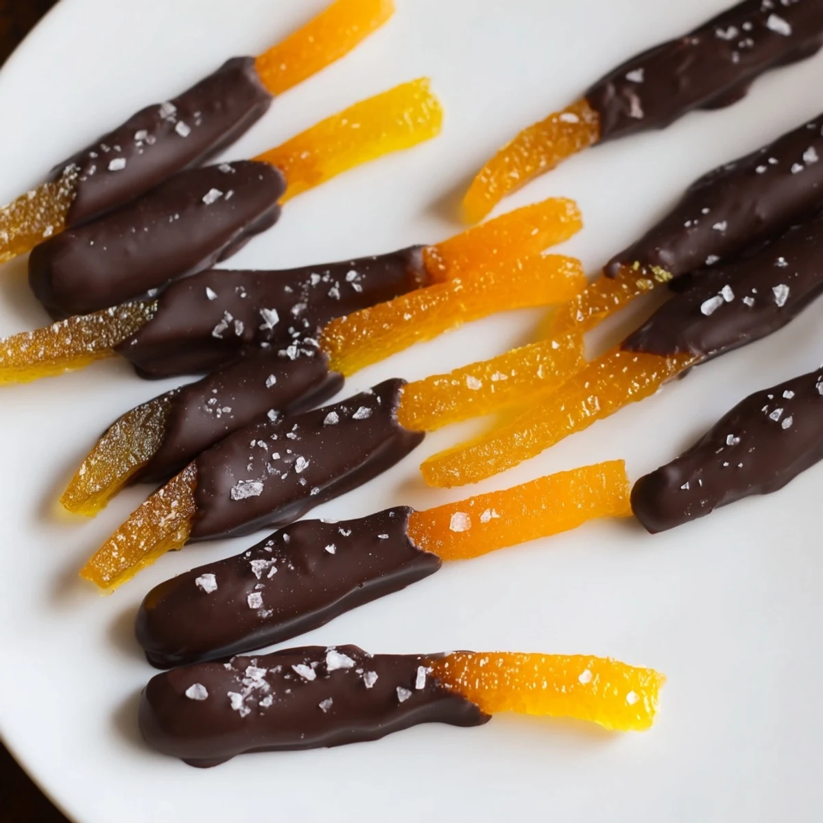 Golden candied orange peel strips half-dipped in dark chocolate cooling on a wire rack
