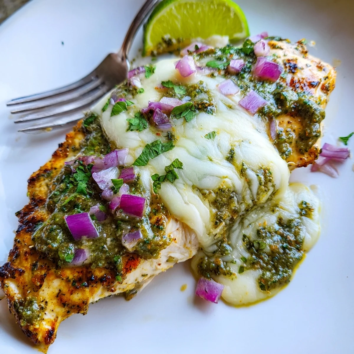 Golden grilled chicken smothered in melted Pepper Jack cheese and vibrant salsa verde