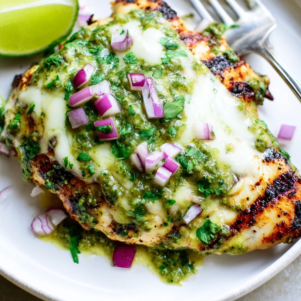 Juicy salsa verde pepper jack chicken fresh off the grill with cilantro garnish