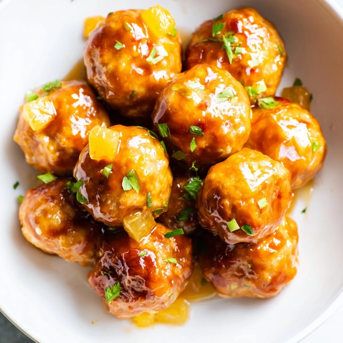 Juicy pineapple chicken meatballs coated in sticky glaze served over steamed jasmine rice