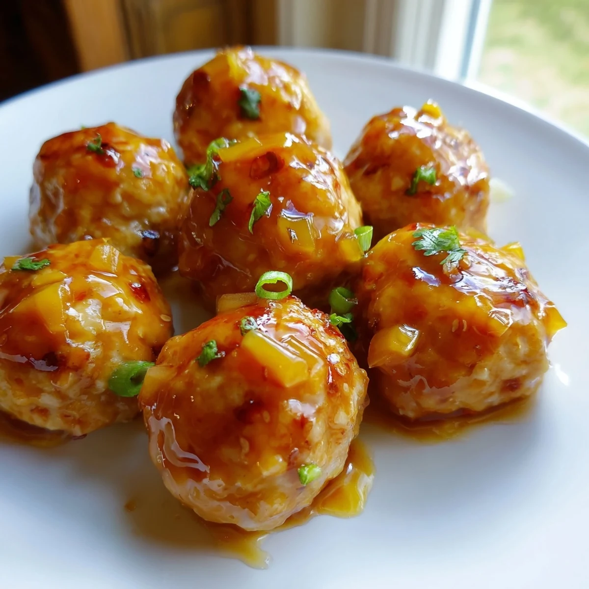 Golden sweet pineapple chicken meatballs glistening with tangy sauce on a white plate