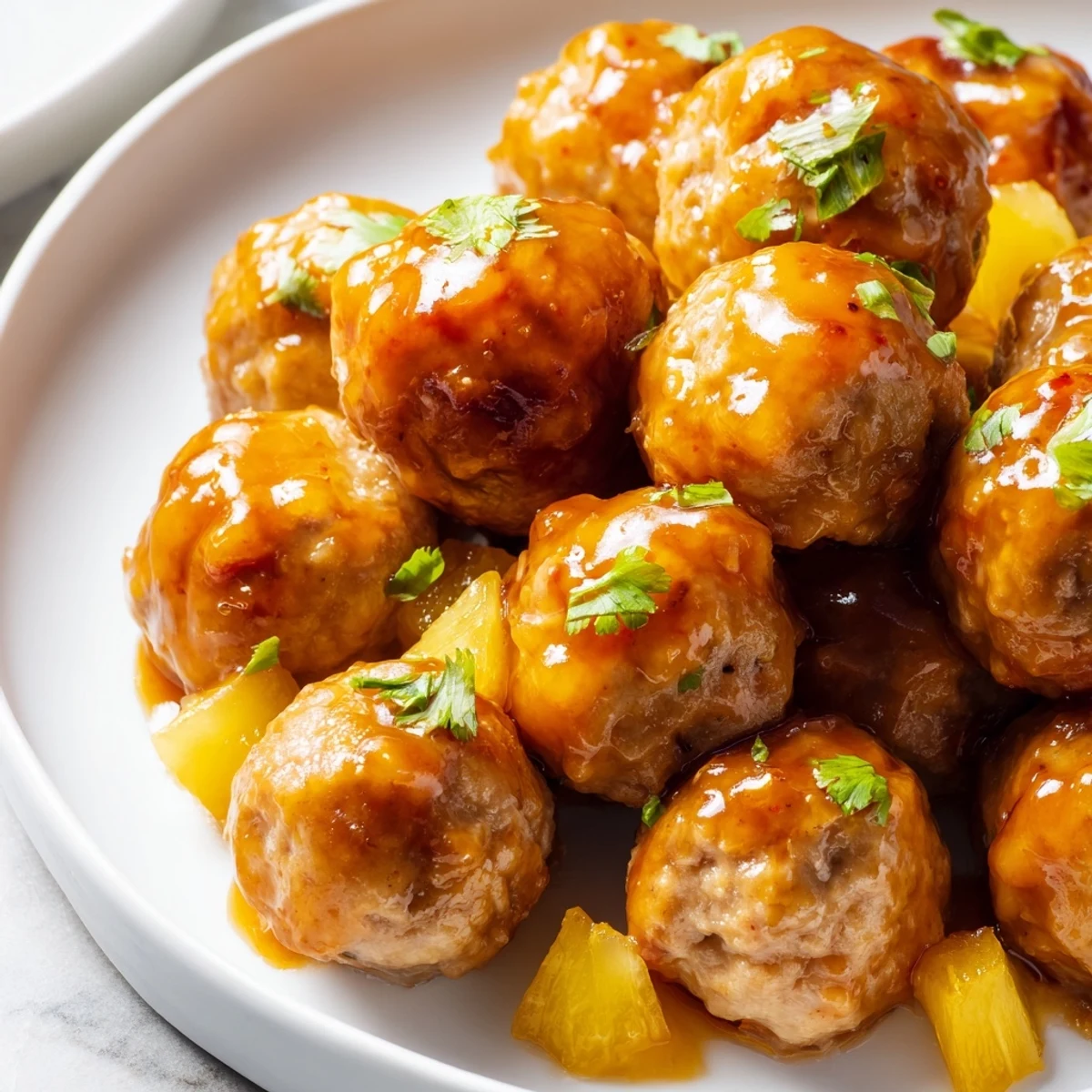 Crispy baked pineapple chicken meatballs topped with fresh cilantro in a cast iron skillet