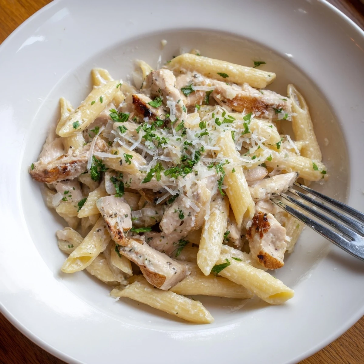 Twirl of fettuccine coated in velvety Creamy Garlic Parmesan Chicken Pasta sauce