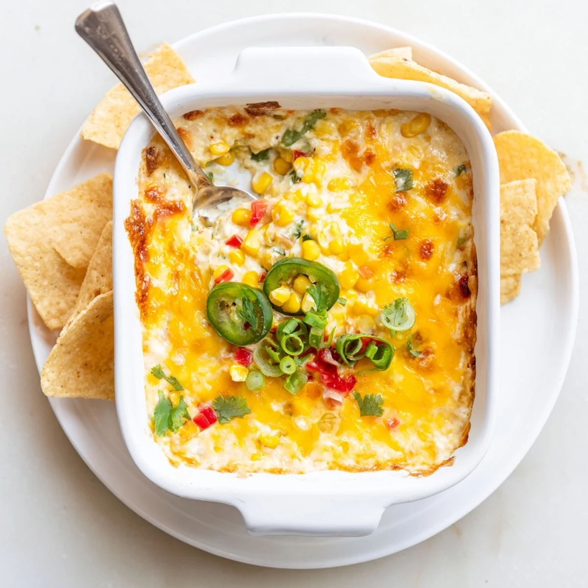 Warm baked creamy corn jalapeño dip topped with melted cheddar and cilantro