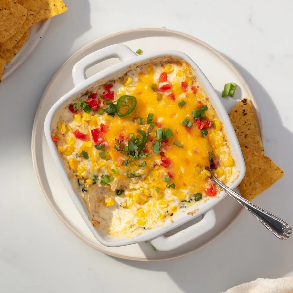 Creamy baked creamy corn jalapeño dip served with crispy tortilla chips for dipping
