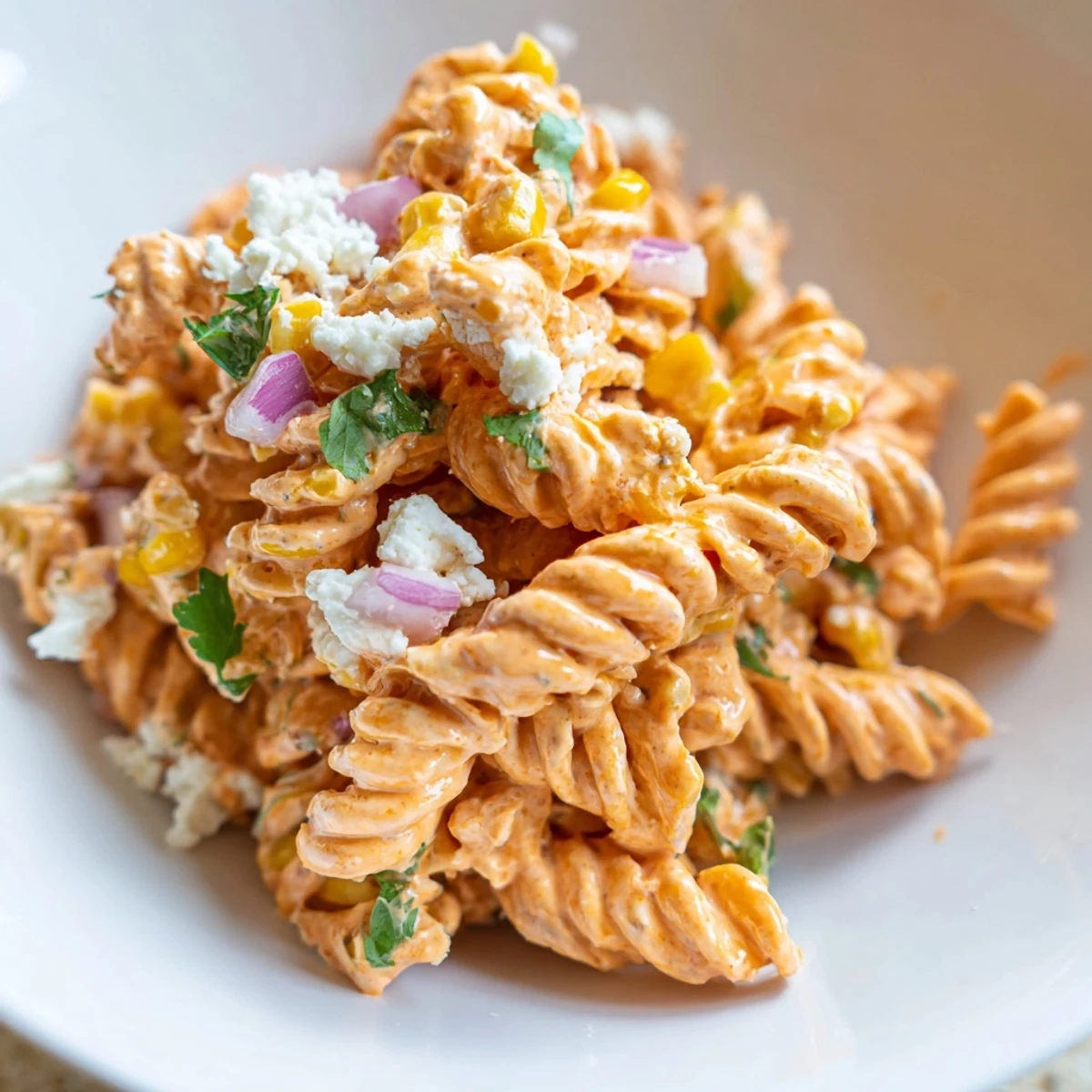 Vibrant elote pasta salad loaded with sweet corn, zesty lime, and smoked paprika dressing