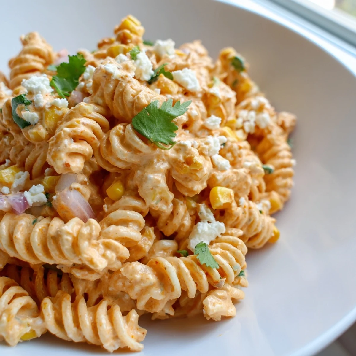 Creamy elote pasta salad topped with crumbled cotija cheese and fresh cilantro