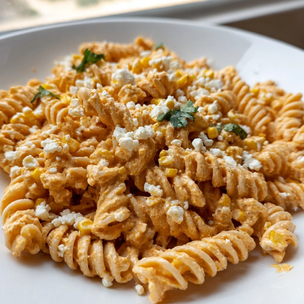 Chilled elote pasta salad served in a bowl with juicy corn kernels and lime wedges