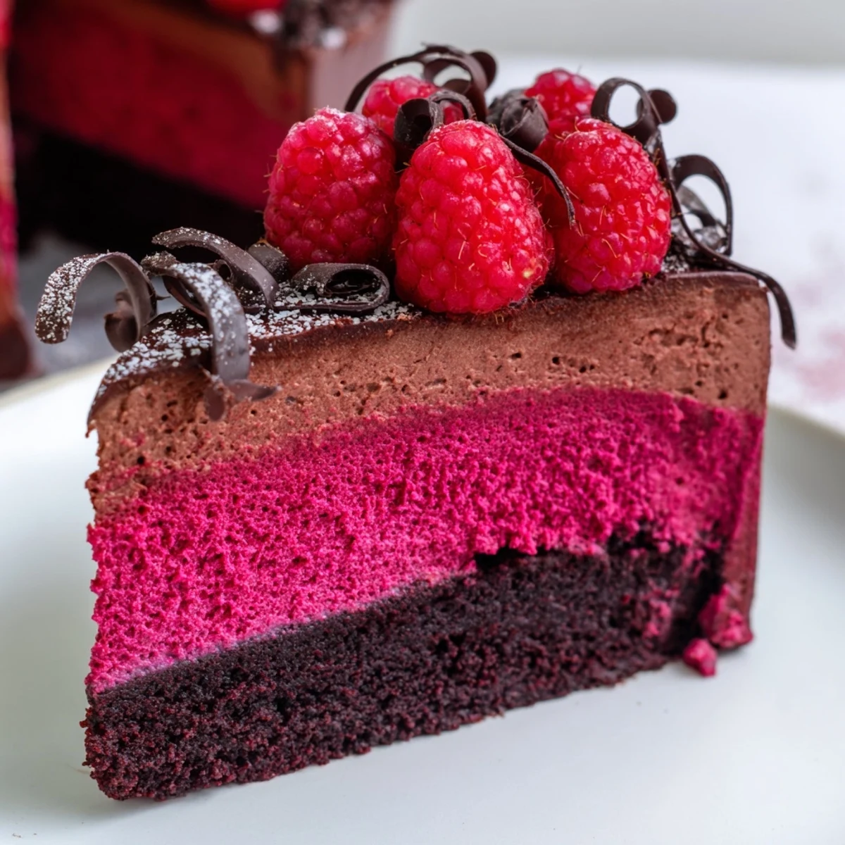 A glossy raspberry chocolate mousse cake slice topped with fresh berries and chocolate curls