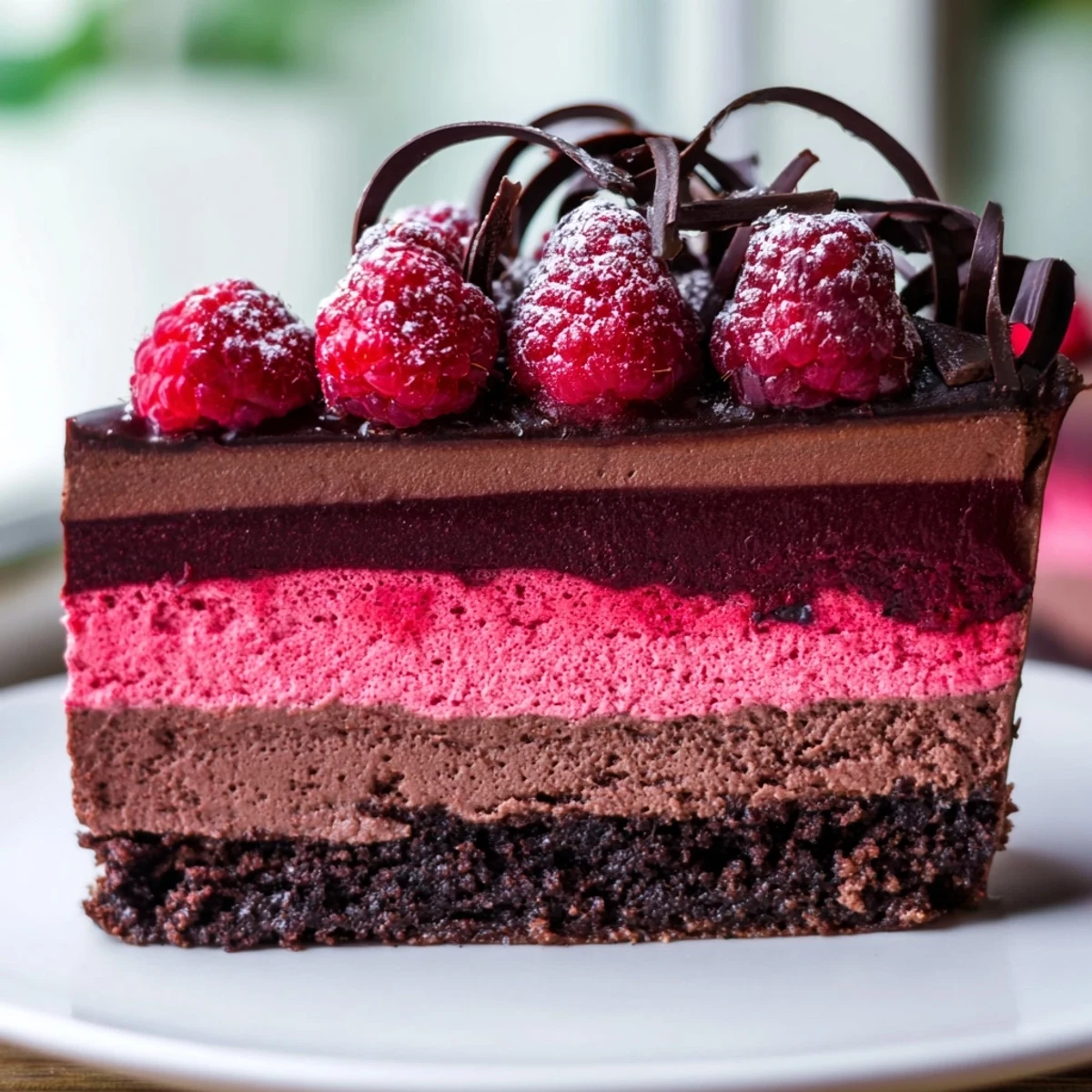 Rich chocolate mousse cake featuring a vibrant raspberry filling on a dark cocoa crust