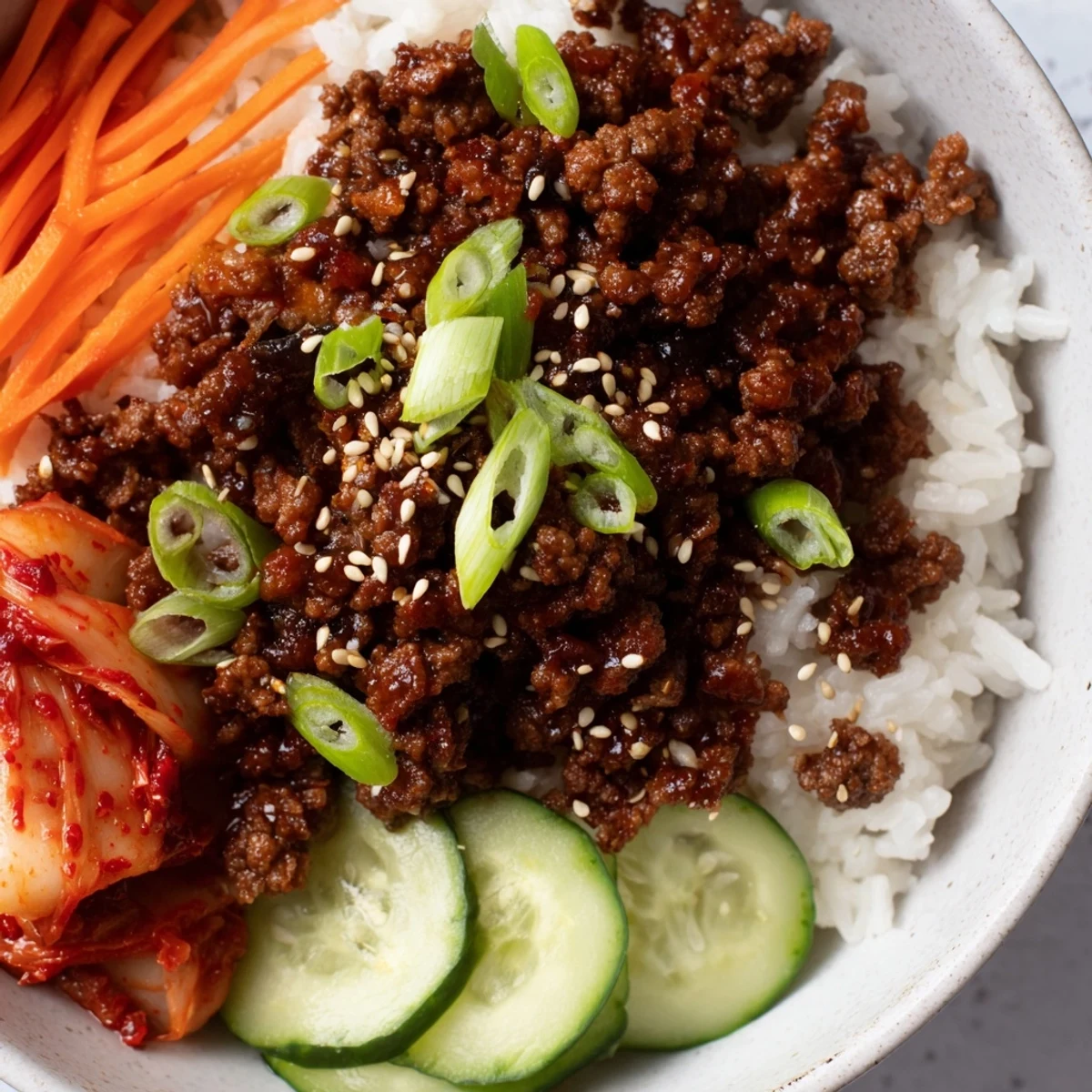 Steaming Korean ground beef bowl topped with crisp vegetables and sesame seeds on fluffy white rice