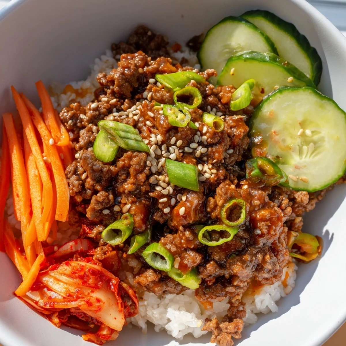 Colorful Korean ground beef bowl garnished with julienned carrots green onions and toasted sesame seeds