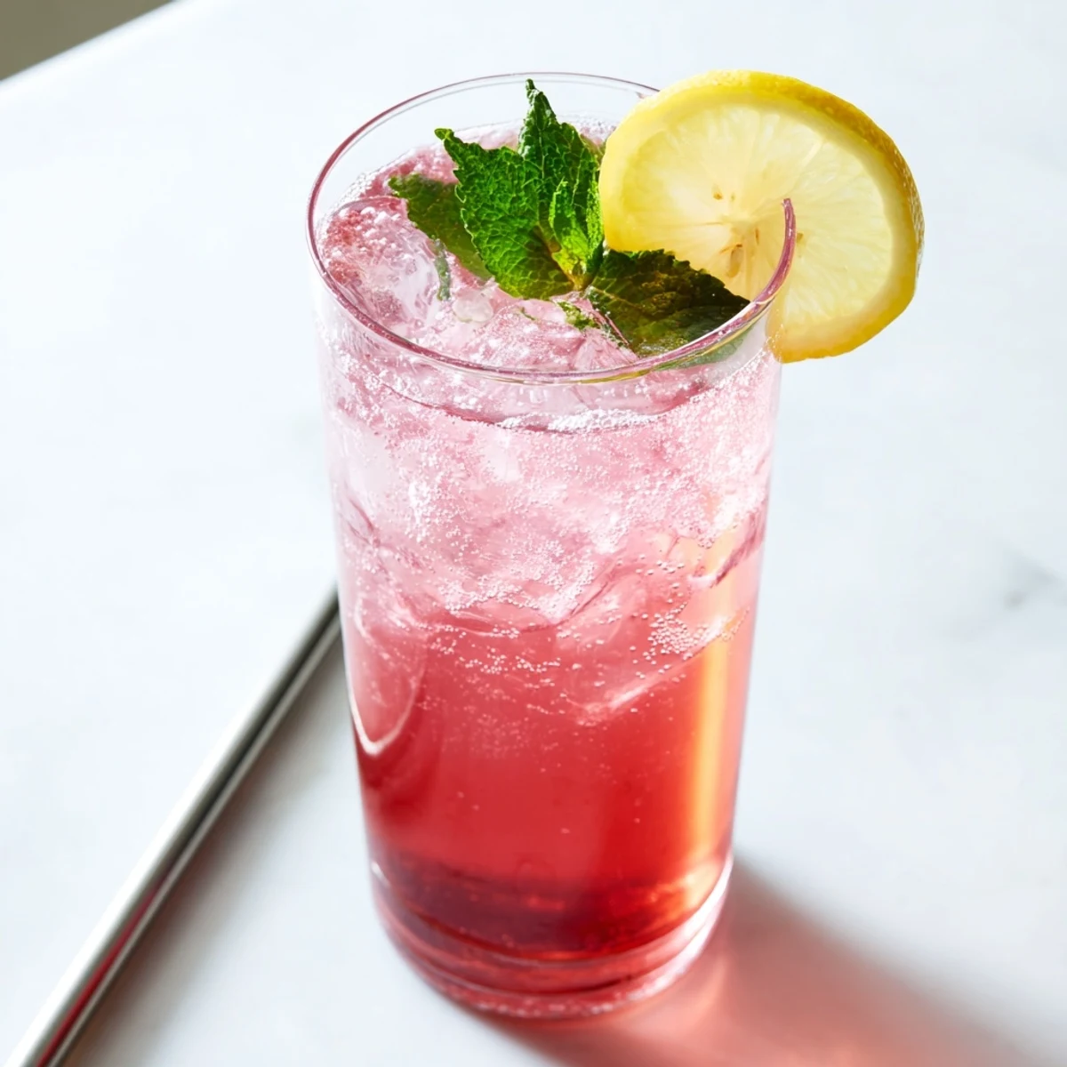 Honey Lemon Pink Soda served in ice-filled glasses with fresh mint garnish