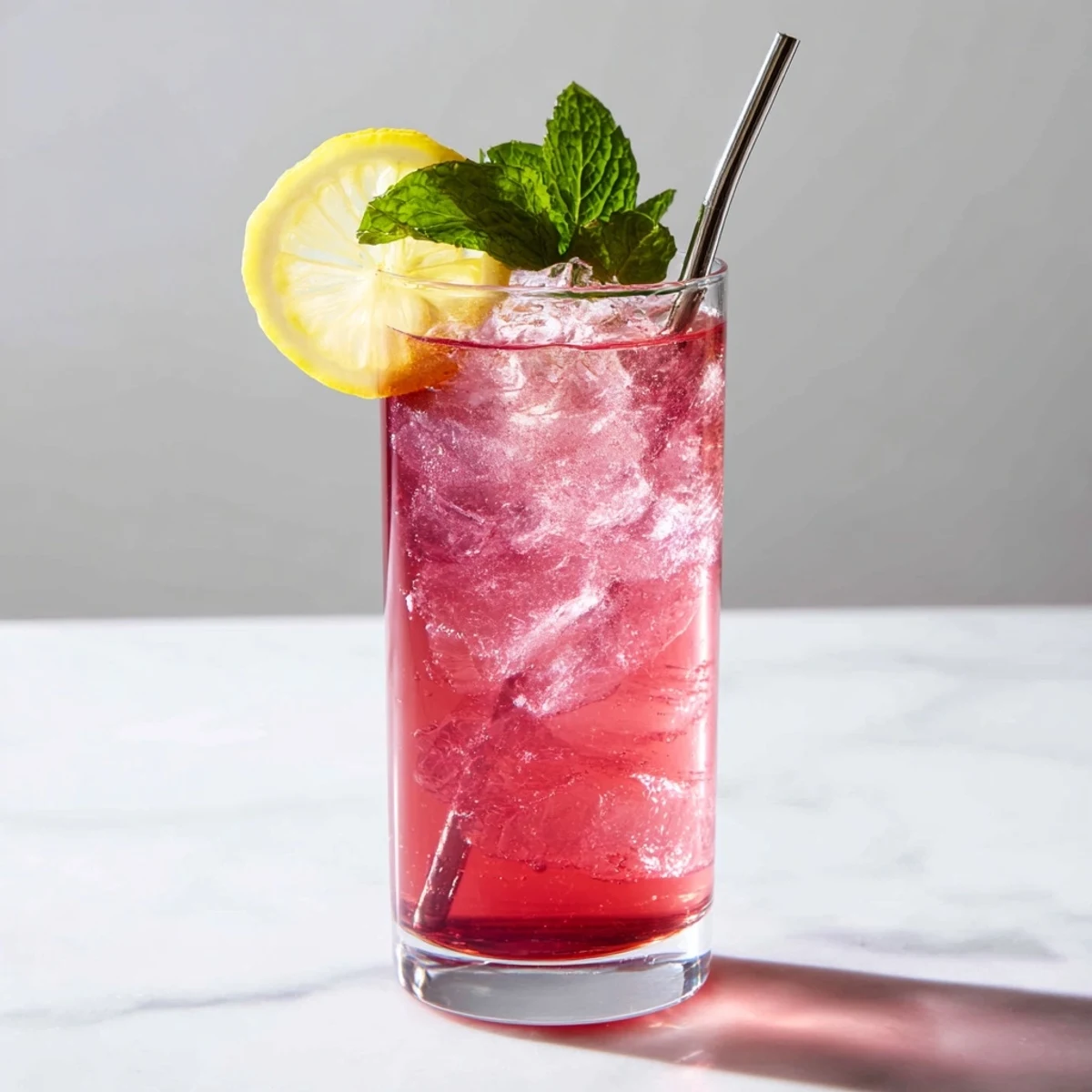 Chilled Honey Lemon Pink Soda bubbling in a glass with crushed ice and mint