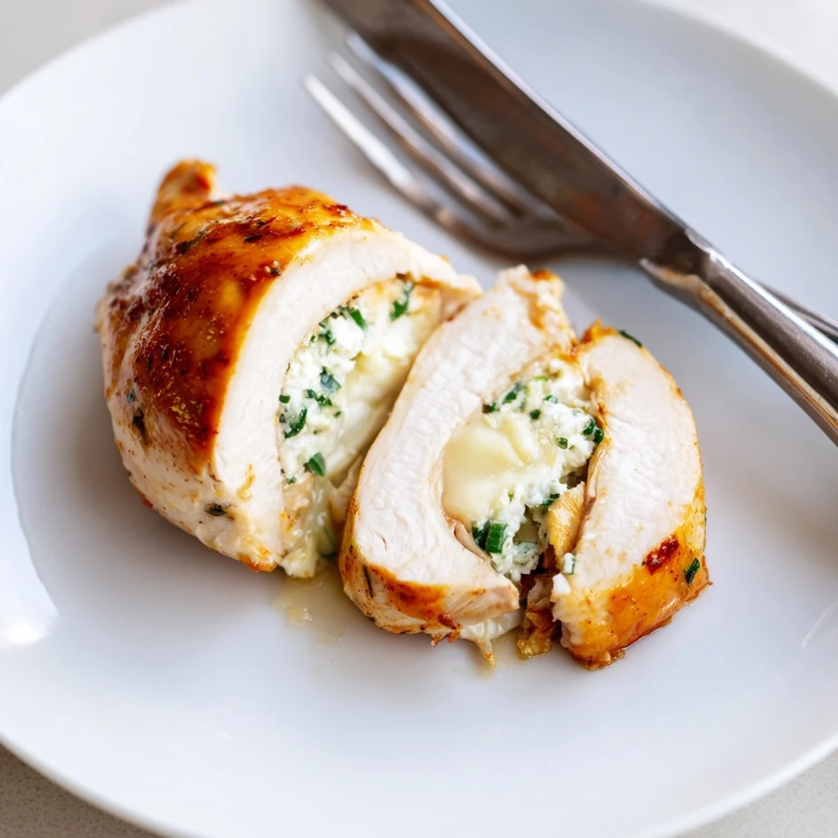 Golden baked goat cheese chicken breasts oozing with creamy herb filling on a rustic plate