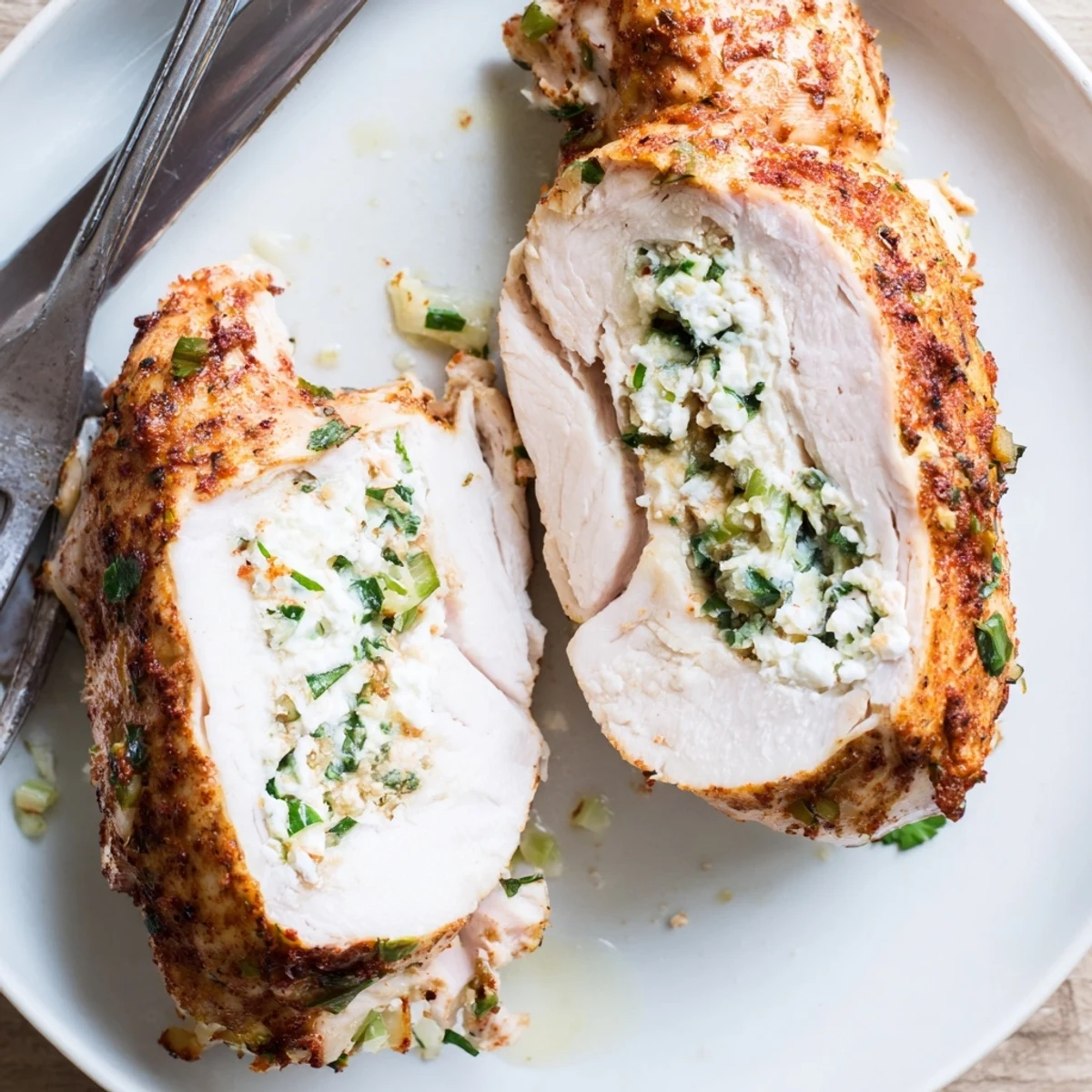 Juicy stuffed goat cheese chicken sliced open revealing tangy lemon herb filling with fresh chives