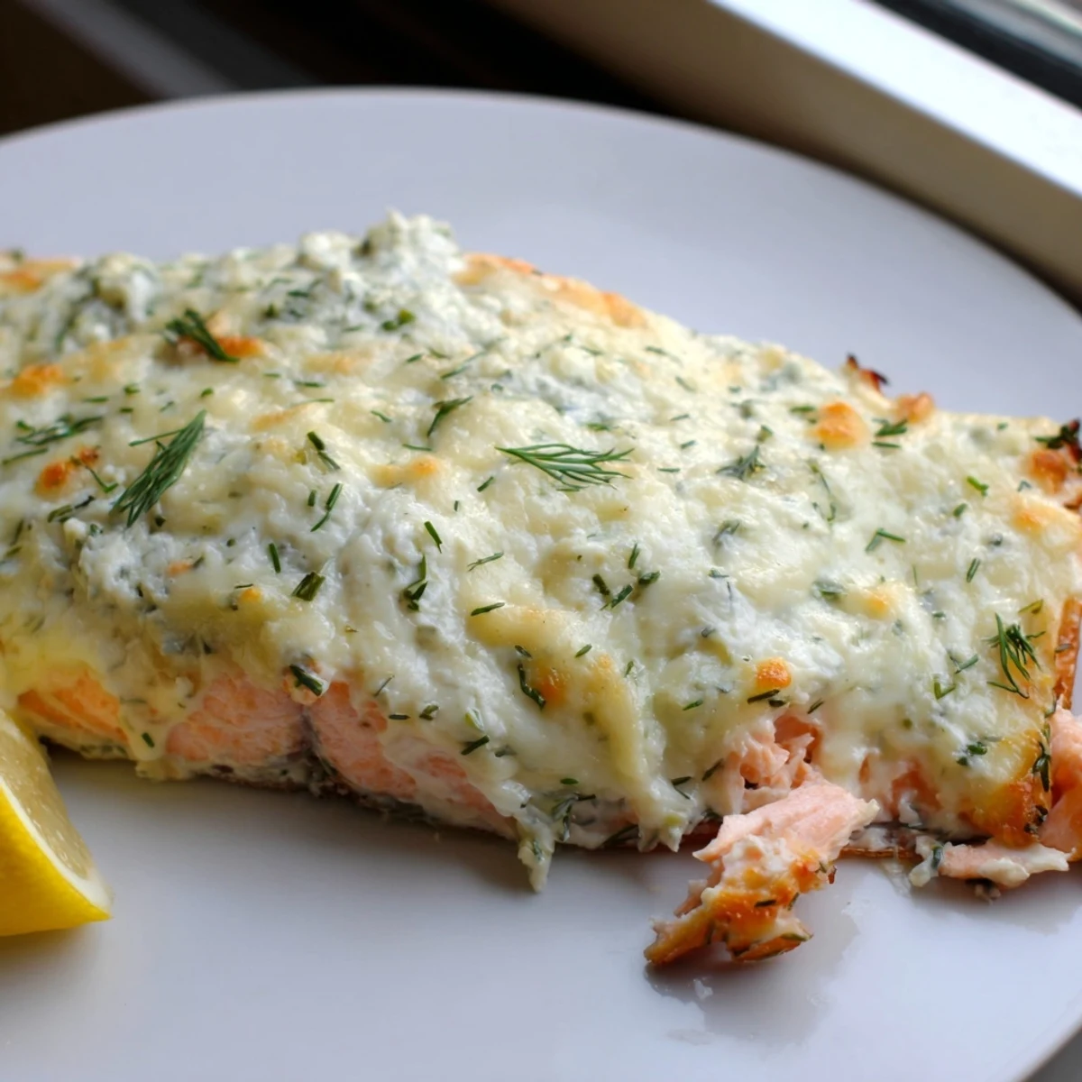 Creamy Boursin salmon fillets baked golden with fresh herbs and lemon zest